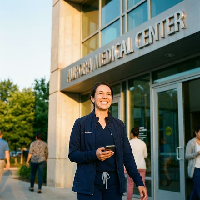 Doctor leaving clinic at sunset, looking relaxed