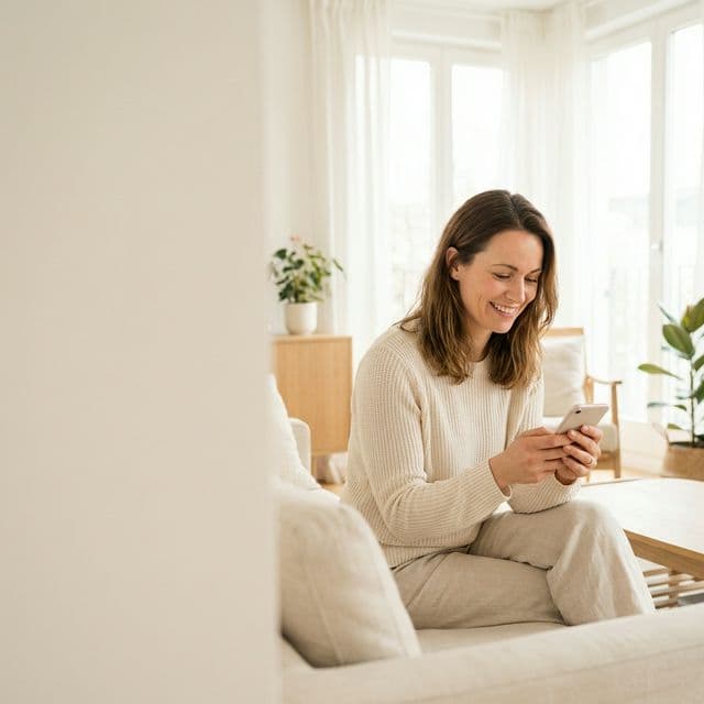 Patient smiling with relief while looking at her health record