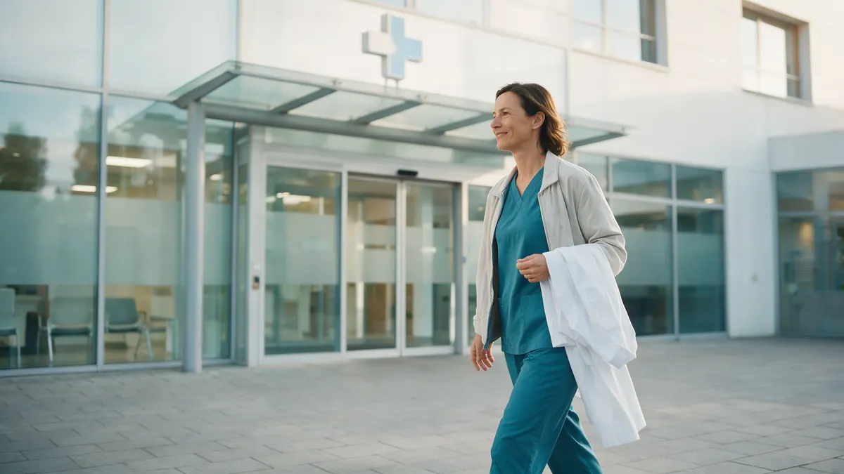 A clinician leaving a modern medical centre after the clinic day