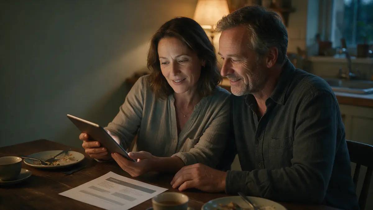 A woman and her partner reading appointment information together on a tablet after dinner